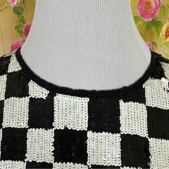 VINTAGE Black and White Checkered Silk Top Size L - Picture 3 of 12